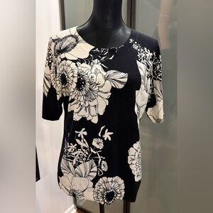 Talbots Black and Cream Floral Short Sleeve Sweater